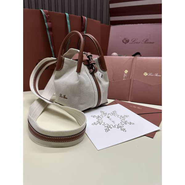 Loro Piana Women's Bale M/i Canvas Bucket Bag / Whisper White/Caramel