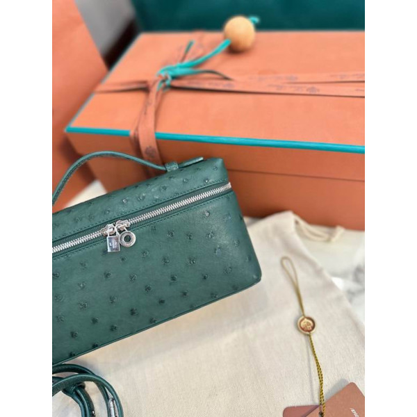 Loro Piana Women's Extra Ostrich Pocket Bag / Peacock Green/Rolled Silver