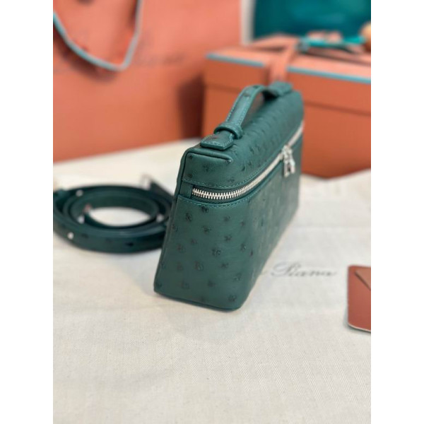 Loro Piana Women's Extra Ostrich Pocket Bag / Peacock Green/Rolled Silver