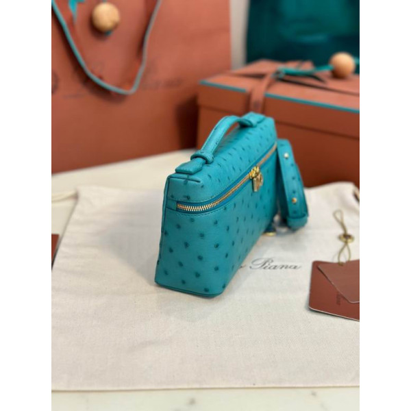Loro Piana Women's Extra Ostrich Pocket Bag / Lake Blue/Rolled Gold