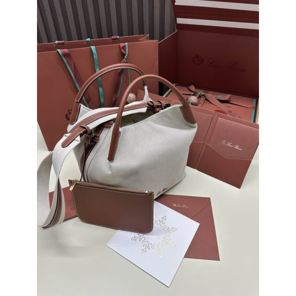 Loro Piana Women's Bale Canvas Bucket Bag / Whisper White/Caramel