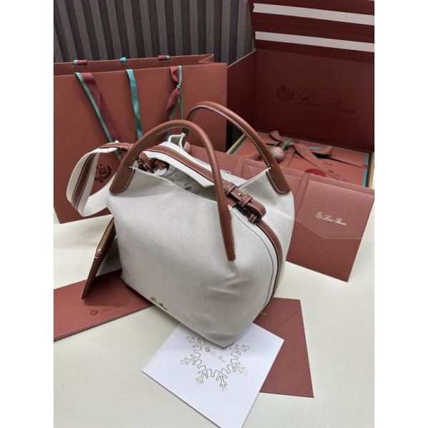 Loro Piana Women's Bale Canvas Bucket Bag / Whisper White/Caramel