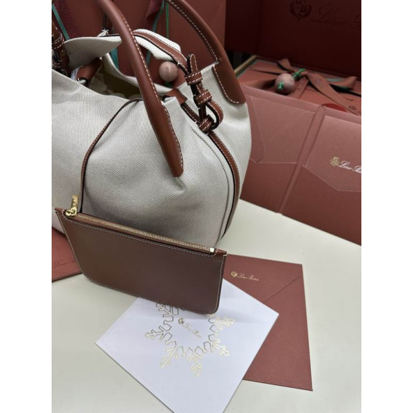 Loro Piana Women's Bale Canvas Bucket Bag / Whisper White/Caramel