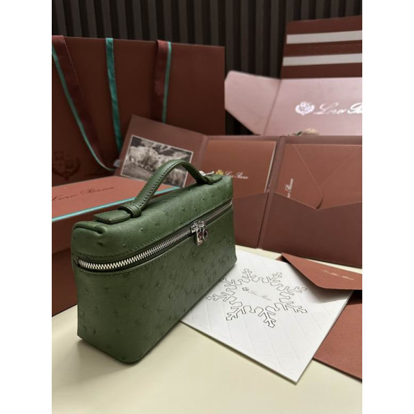 Loro Piana Women's Extra Ostrich Small Pocket Bag / Emerald Green/Rolled Silver