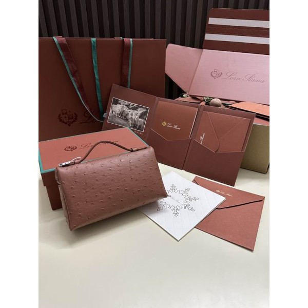 Loro Piana Women's Extra Ostrich Small Pocket Bag / Brick Red/Rolled Gold