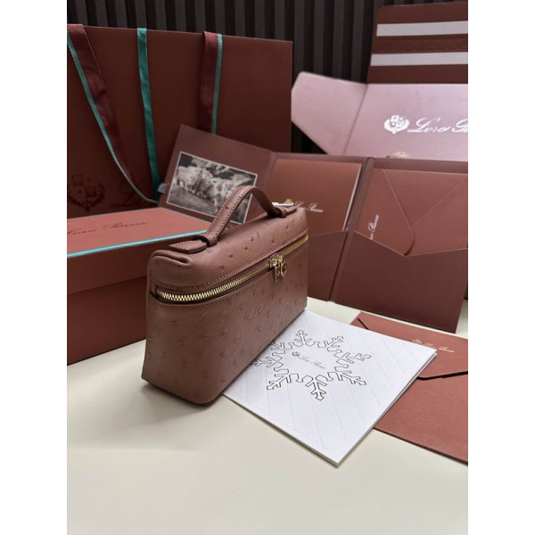 Loro Piana Women's Extra Ostrich Small Pocket Bag / Brick Red/Rolled Gold