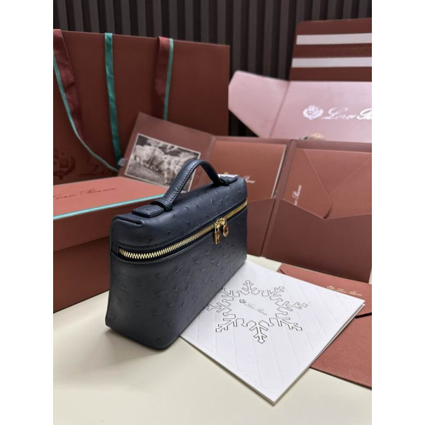 Loro Piana Women's Extra Ostrich Small Pocket Bag / Navy Blue/Rolled Gold