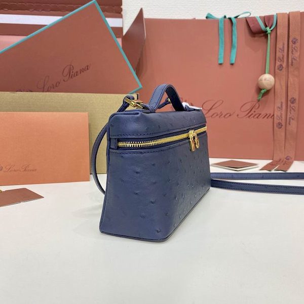 Loro Piana Women's Extra Ostrich Pocket Bag / Dark Blue/Rolled Gold
