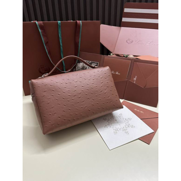 Loro Piana Women's Extra Ostrich Pocket Bag / Nude Brown/Rolled Silver