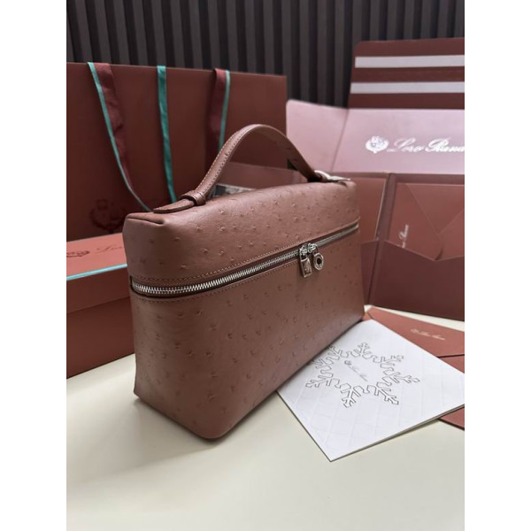 Loro Piana Women's Extra Ostrich Pocket Bag / Nude Brown/Rolled Silver