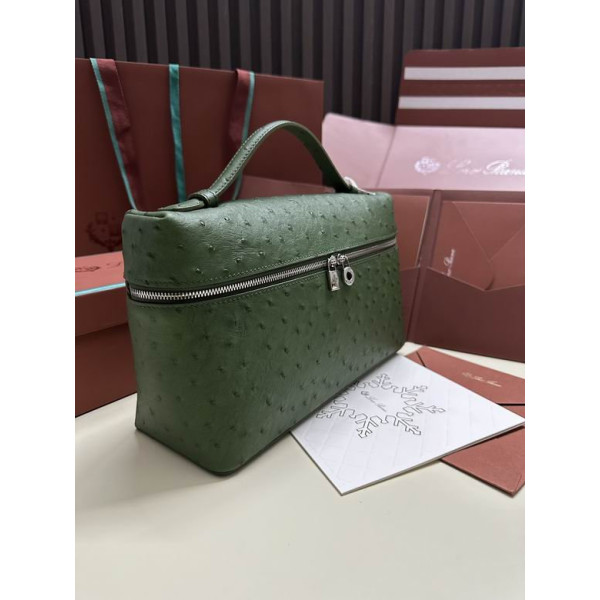 Loro Piana Women's Extra Ostrich Pocket Bag / Dark Green/Rolled Silver