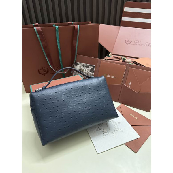 Loro Piana Women's Extra Ostrich Pocket Bag / Dark Blue/Rolled Silver
