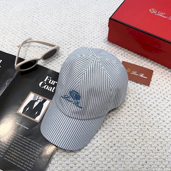 Loro Piana Embroidered Striped Linen Baseball Cap with Elasticated back in blue