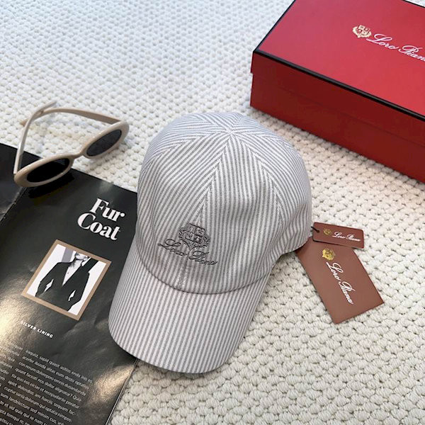 Loro Piana Embroidered Striped Linen Baseball Cap with Elasticated back in grey