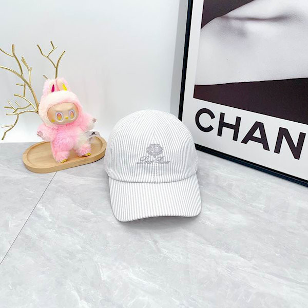 Loro Piana Embroidered Striped Linen Baseball Cap with Elasticated back in light grey