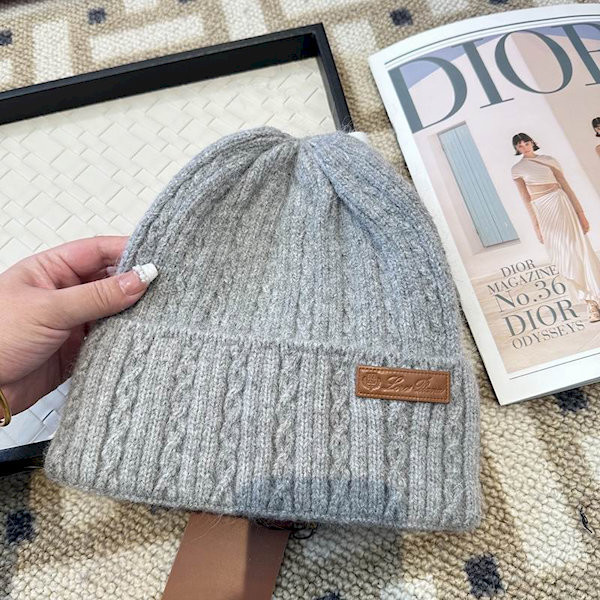 Loro Piana Men's / Women's Cable Knit Cashmere Beanie with Brown Logo Detail in blue