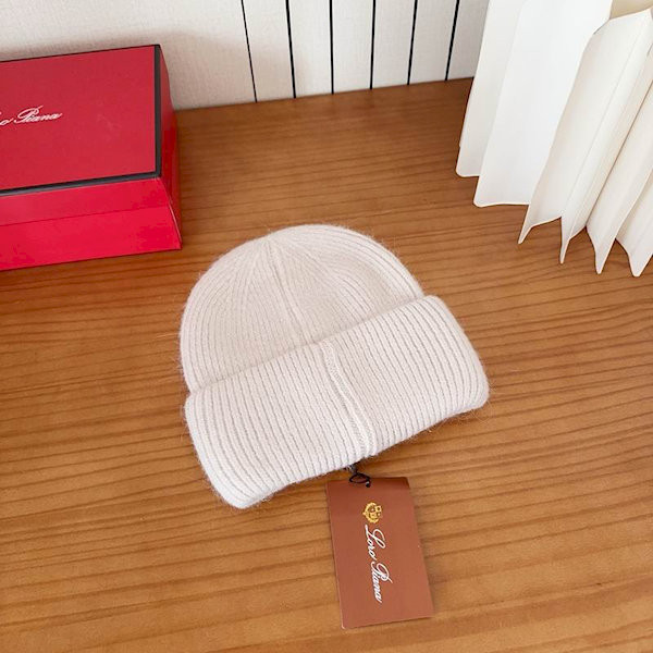 Loro Piana Men's / Women's Fine Rib Knit Blend Beanie with Logo Tag in light beige