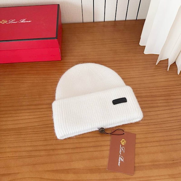 Loro Piana Men's / Women's Fine Rib Knit Blend Beanie with Logo Tag in white