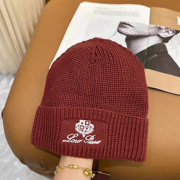 Loro Piana Men's / Women's Ribbed Knit Beanie with White Featuring Logo Detail in Burgundy