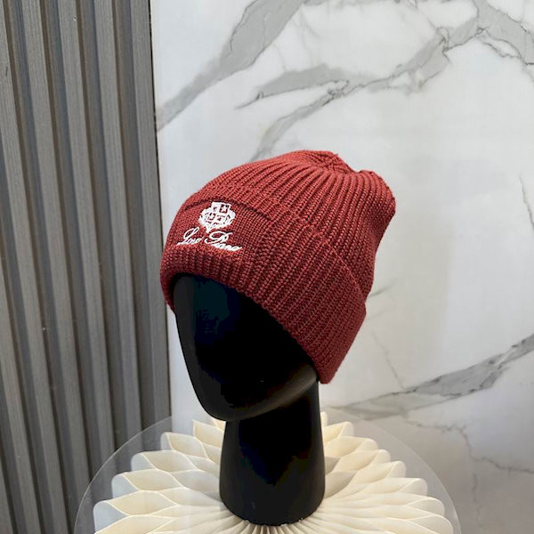 Loro Piana Men's / Women's Ribbed Knit Beanie with White Featuring Logo Detail in Burgundy