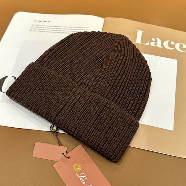 Loro Piana Men's / Women's Ribbed Knit Beanie with White Featuring Logo Detail in Dark Brown