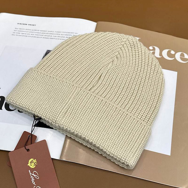 Loro Piana Men's / Women's Ribbed Knit Beanie with black Featuring Logo Detail in beige