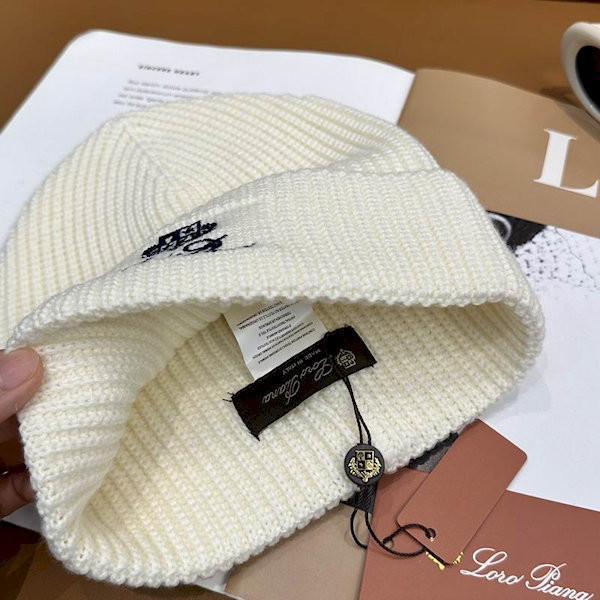 Loro Piana Men's / Women's Ribbed Knit Beanie with black Featuring Logo Detail in white