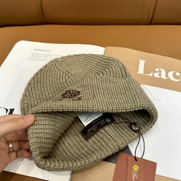 Loro Piana Men's / Women's Ribbed Knit Beanie with dark brown Featuring Logo Detail in army green