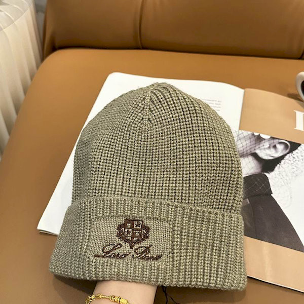 Loro Piana Men's / Women's Ribbed Knit Beanie with dark brown Featuring Logo Detail in army green