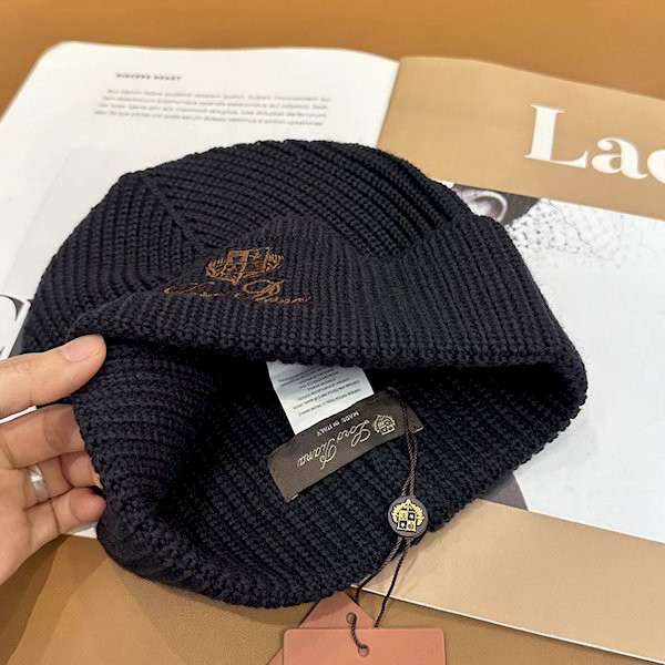 Loro Piana Men's / Women's Ribbed Knit Beanie with dark brown Featuring Logo Detail in black