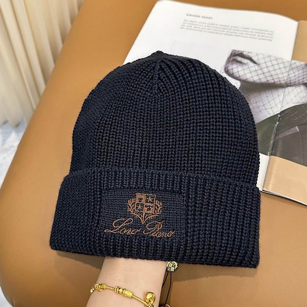 Loro Piana Men's / Women's Ribbed Knit Beanie with dark brown Featuring Logo Detail in black