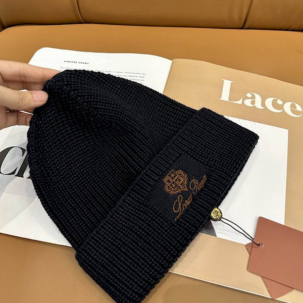 Loro Piana Men's / Women's Ribbed Knit Beanie with dark brown Featuring Logo Detail in black