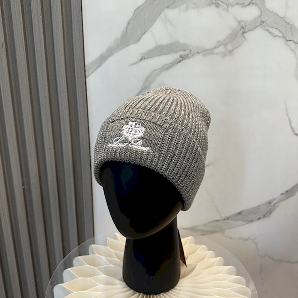 Loro Piana Men's / Women's Ribbed Knit Beanie with dark brown Featuring Logo Detail in gray