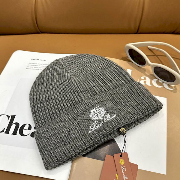 Loro Piana Men's / Women's Ribbed Knit Beanie with dark brown Featuring Logo Detail in gray