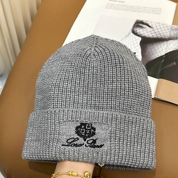Loro Piana Men's / Women's Ribbed Knit Beanie with dark brown Featuring Logo Detail in light gray