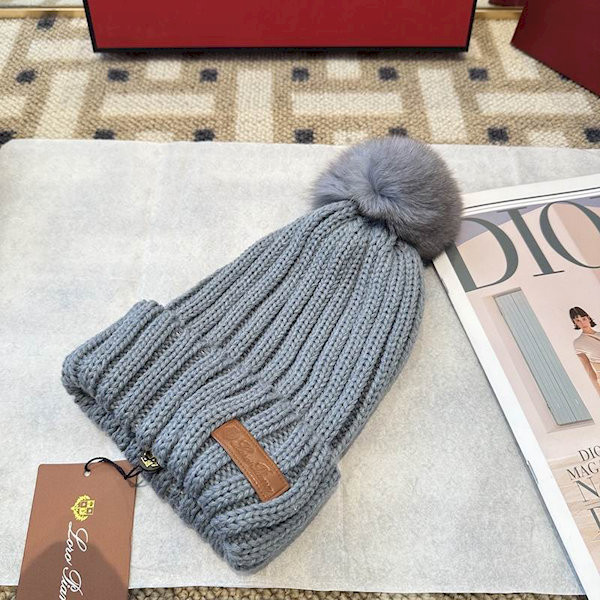 Loro Piana Women's Cashmere Beanie with Pom-Pom in dusty blue