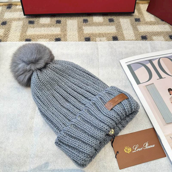 Loro Piana Women's Cashmere Beanie with Pom-Pom in dusty blue