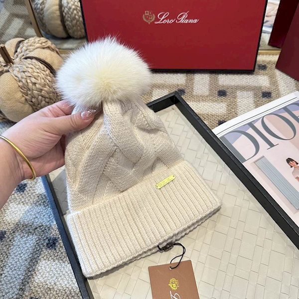 Loro Piana Women's Cashmere Chunky Cable Knit Beanie with Pom-Pom in Beige
