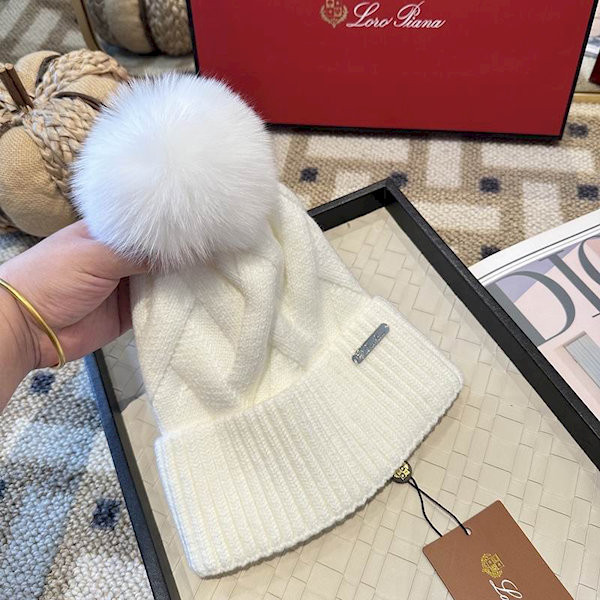 Loro Piana Women's Cashmere Chunky Cable Knit Beanie with Pom-Pom in White