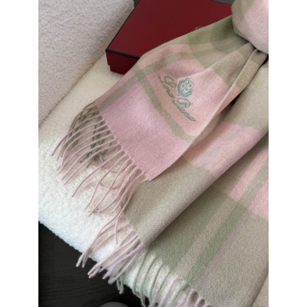 Loro Piana Women's Checked Fringed Cashmere Scarf in pink and beige
