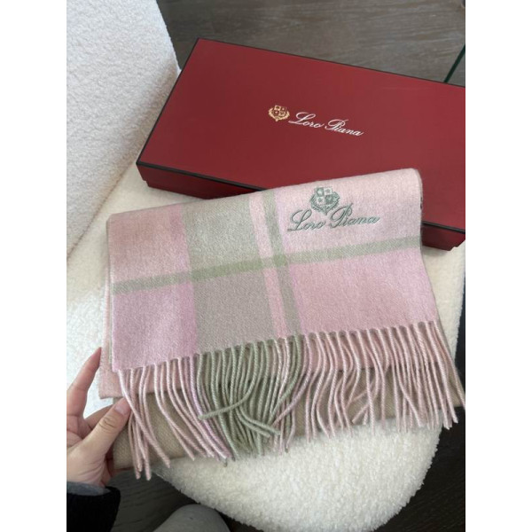 Loro Piana Women's Checked Fringed Cashmere Scarf in pink and beige