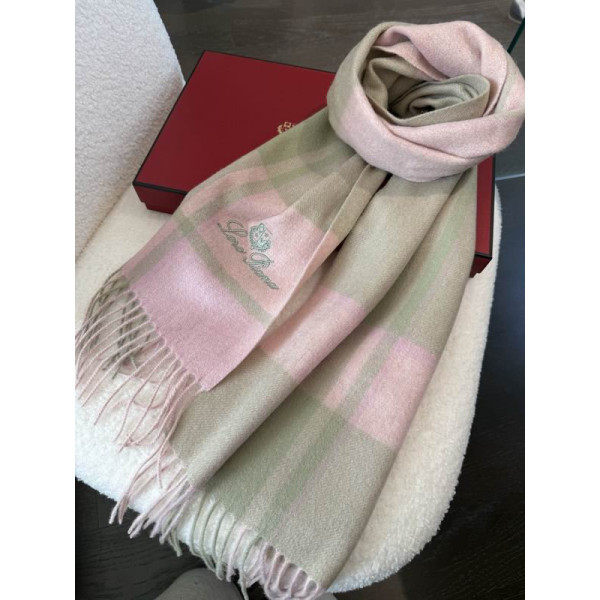 Loro Piana Women's Checked Fringed Cashmere Scarf in pink and beige
