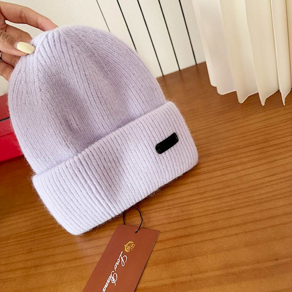 Loro Piana Women's Fine Rib Knit Blend Beanie with Logo Tag in light purple