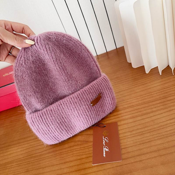 Loro Piana Women's Fine Rib Knit Blend Beanie with Logo Tag in rose pink