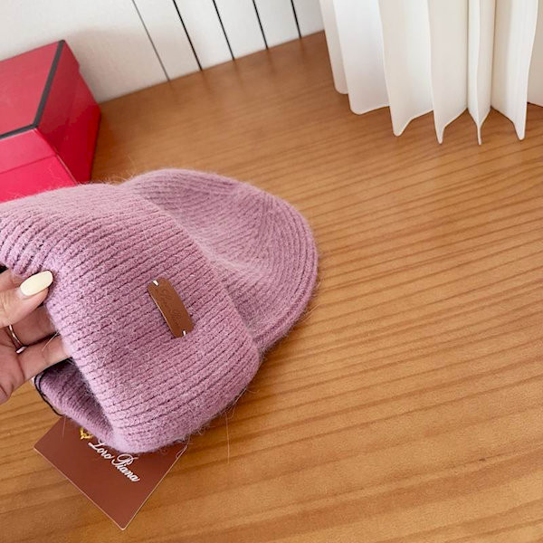 Loro Piana Women's Fine Rib Knit Blend Beanie with Logo Tag in rose pink