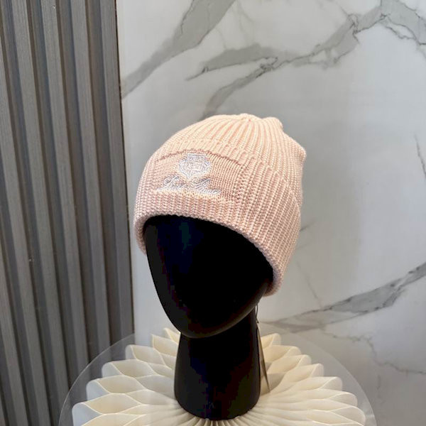 Loro Piana Women's Ribbed Knit Beanie with White Featuring Logo Detail in Pink