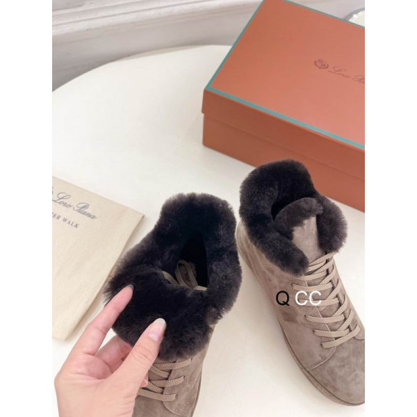 Loro Piana Women's Fleece-l/ed High-Top Suede Sneakers / Khaki