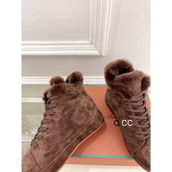 Loro Piana Women's Fleece-l/ed High-Top Suede Sneakers / Brown