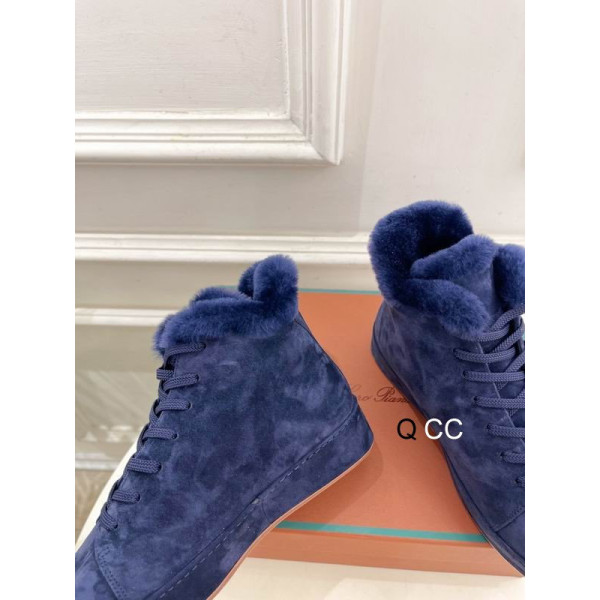 Loro Piana Women's Fleece-l/ed High-Top Suede Sneakers / Dark Blue