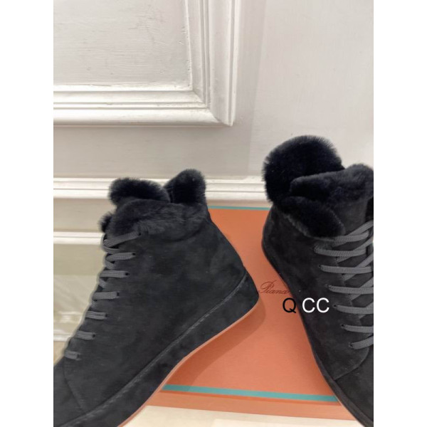 Loro Piana Women's Fleece-l/ed High-Top Suede Sneakers / Black